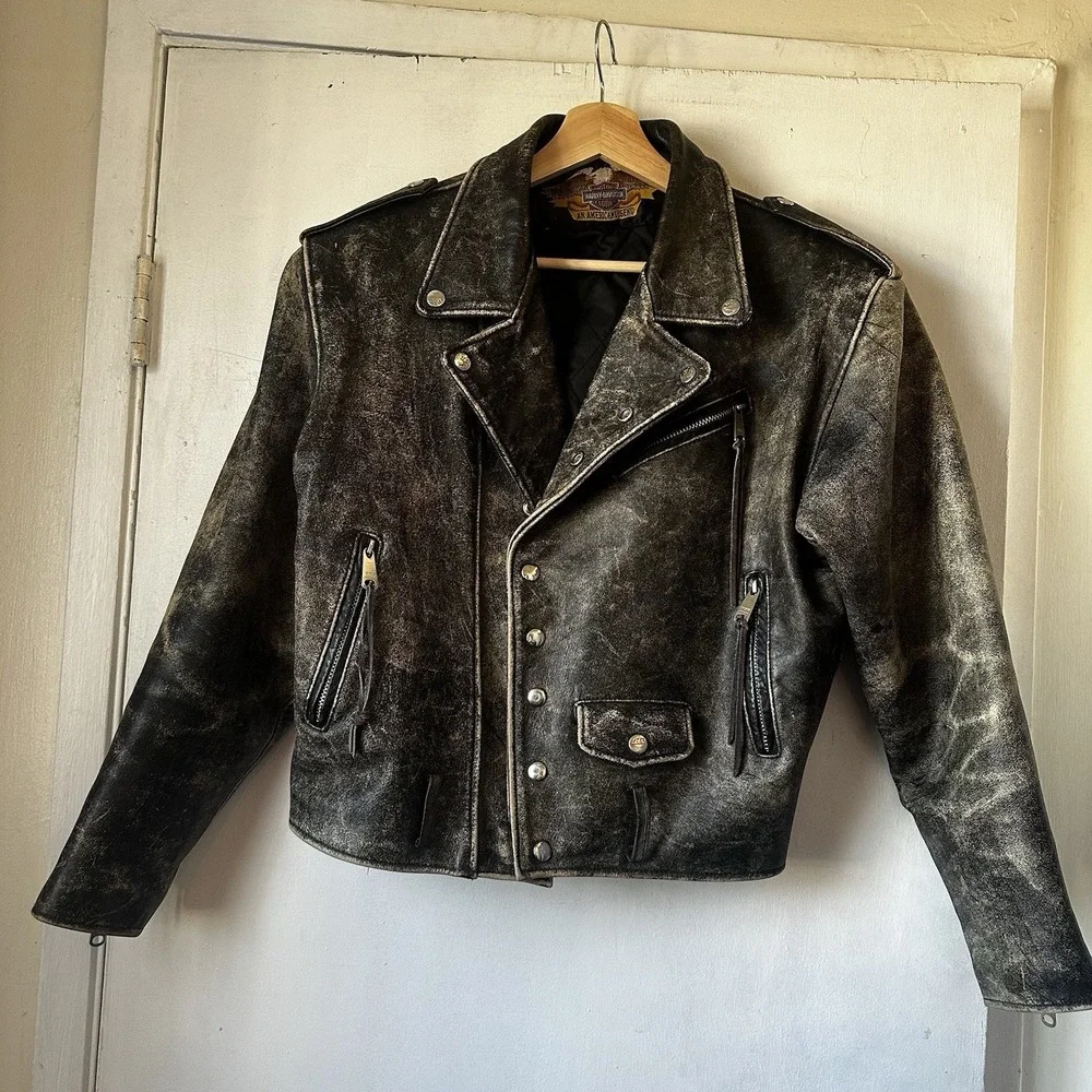 Vintage Harley Davidson Distressed Faded Black Leather Moto Jacket Men's Large